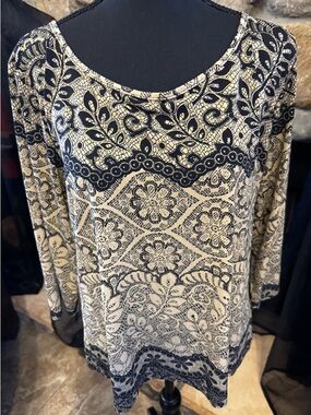 Chico’s Black, Tan, Gold Floral Lace Print Long Sleeve Top